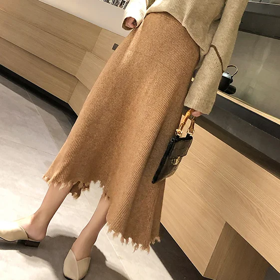 Трикотажные юбки для женщин s Jupe Femme юбка с высокой талией Faldas Зимняя юбка женская теплая черная длинная юбка макси DG472