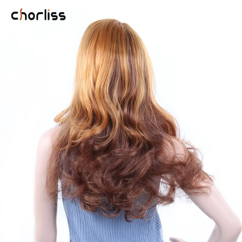 22inch Long Ombre Brown Wavy Wig Blonde Cosplay Synthetic Hair Lace Front Wigs For Women Glueless Hair High Temperature Chorliss