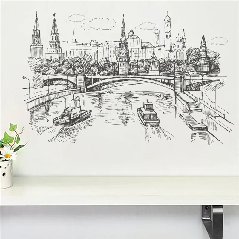 Эскиз стиль кремлевские реки настенные наклейки с пейзажами для украшения дома пейзаж настенные росписи искусство поделки ПВХ настенные наклейки