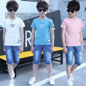 

New Boys Clothes Sport Suit Set 2020 Summer Fashion Casual Short Sleeve Children's Clothing T-Shirt + Jeans Set 5-14 Years