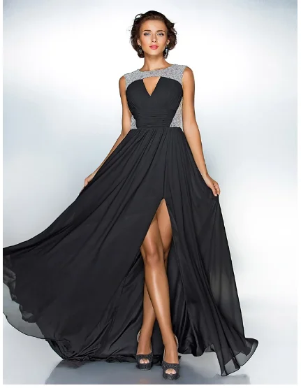 

2024 Celebrity Style Black Formal Evening Dress Jewel Neck Sleeveless Sweep Train Chiffon Sequin Prom Gowns Vestidos De Festa