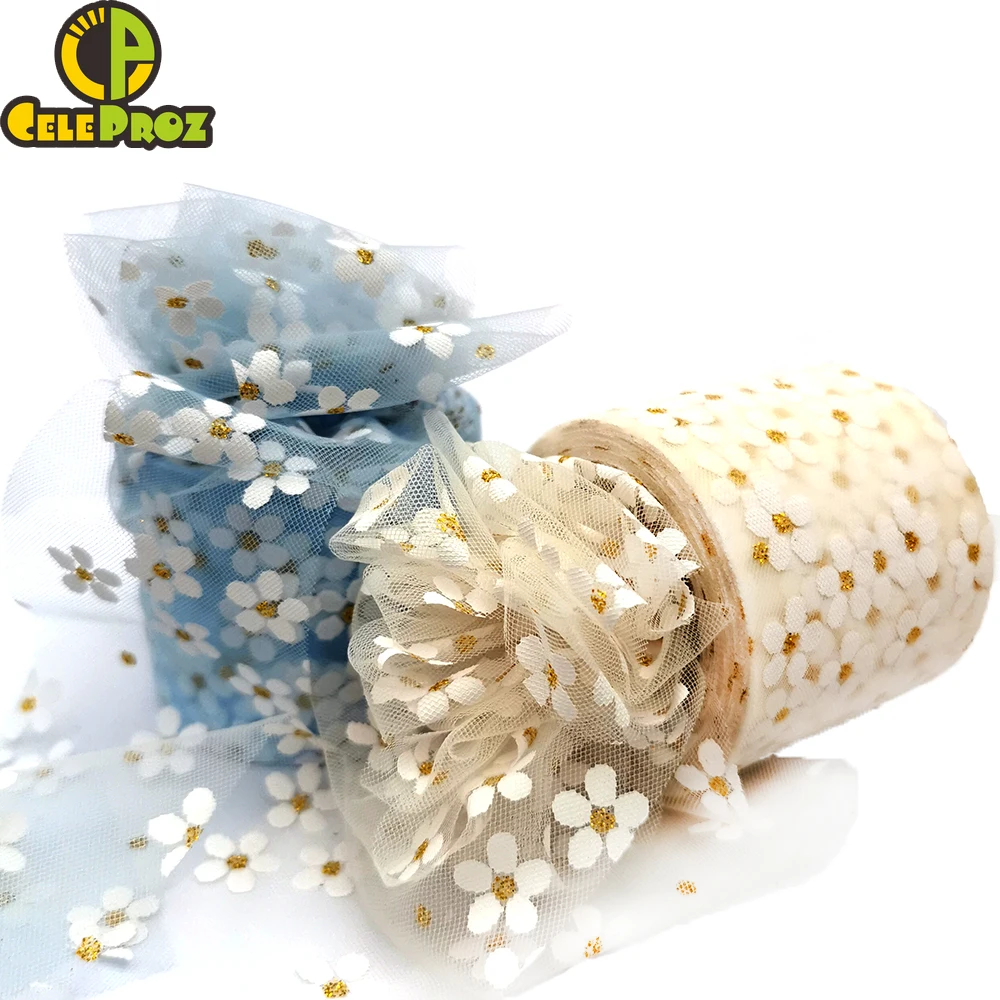 Ribbon Supplies 6cm 25Yards Floret Tulle Daisy Ribbon Roll DIY Handmade Craft Hair Ornament Baking Cherry Blossoms Printed Mesh Fabric Supplies