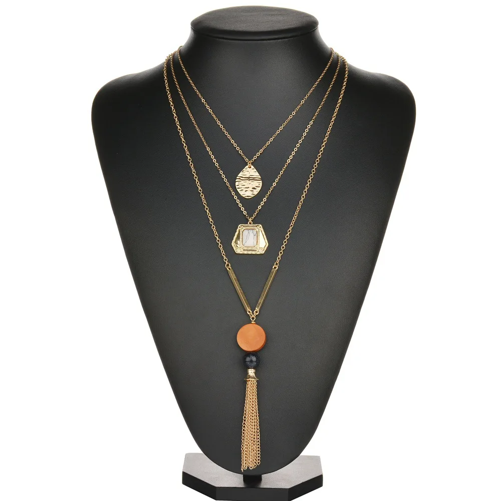 New Geometric Irregular Wood Pendant Necklace For Women Multi-Layer Long Tassel Sweater Chain Necklaces Charm Jewelry Gift |