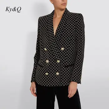 

Runway 2019 Winter Designer Blazer Jacket Women Double Breasted Lion Buttons Shimmer Plaid Shawl Collar Velvet Blazer Clothes