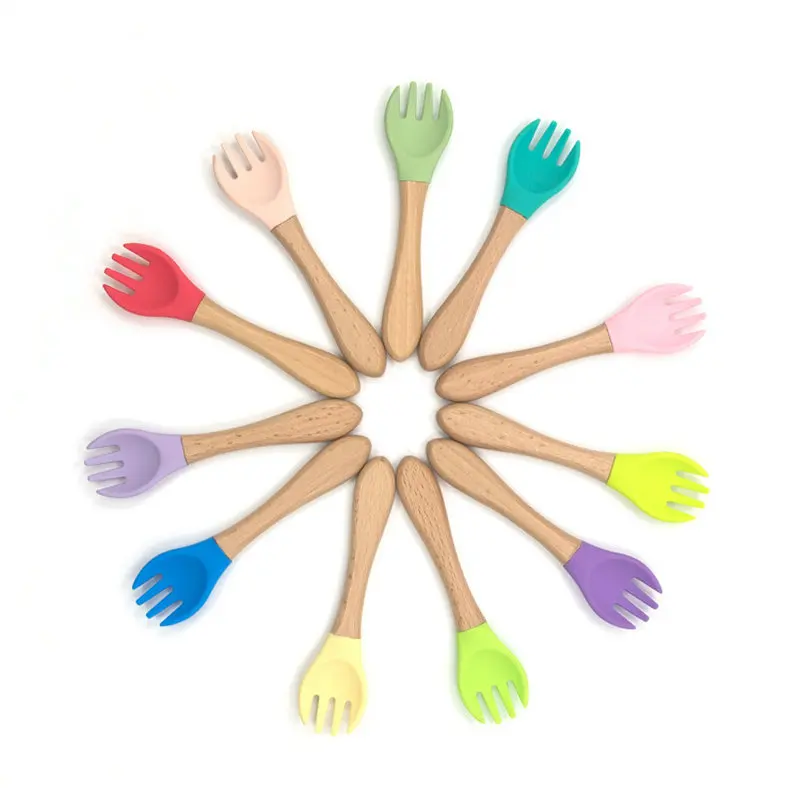 2PCS Baby Bamboo Fork Silicone Wooden Baby Feeding Spoon Toddlers Infant Feeding Accessories Organic BPA Free Food Grade Materia