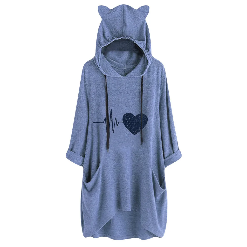 

Hoody Women Casual Hooded Long Sleeves Cat Ear Print Pocket Shirt Irregular Top Blouse Clothes For Women Sweatshirt #D9