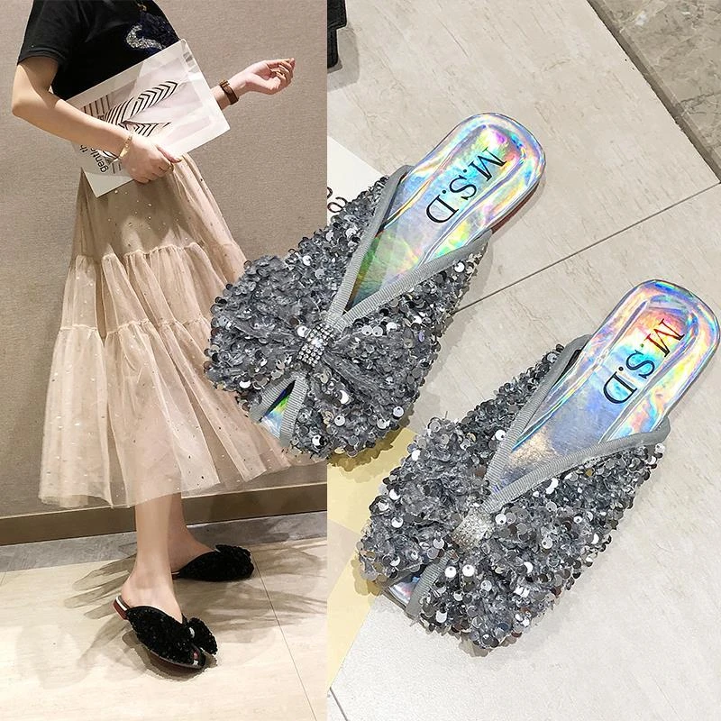 Zapatillas de lentejuelas para mujer, Sandalias planas con nudo de mariposa, ostentosas, de ocio, chanclas 35 40, novedad de verano Zapatillas| - AliExpress