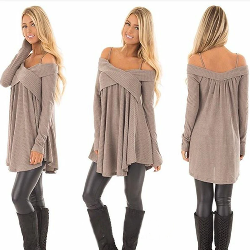 Winter Women T-shirt Strapless Long Sleeve Girl Sweatshirt Tops Female Blusas Shirt Casual Solid Color Dress Shirt Top Mom Shirt - Цвет: Khaki