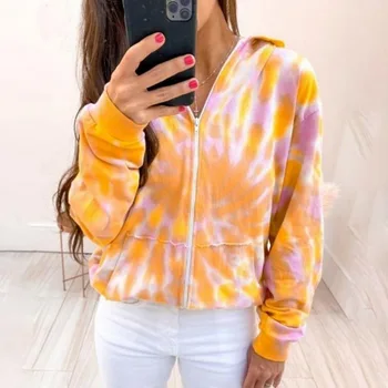 

2020 New Women Tie Dye Jackets Autumn Harajuku Print Woman Hoody Sweatshirt Casual Pocket Zipper Oversized Thin Outwear Coat