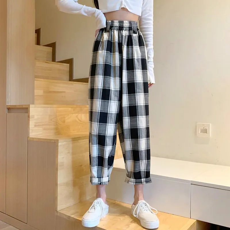 

casual Plaid pantsnew fashion brand loose straightCropped pants Korean style trend Spring and Autumn wide-leg pants women 2020