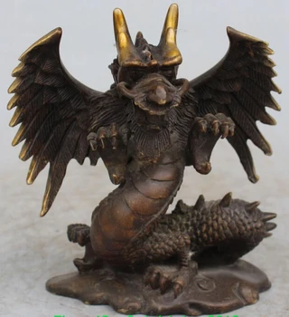 

7" Chinese Collected Bronze Gilt Doughty Animal Flying Dragon Animal Statue R0707