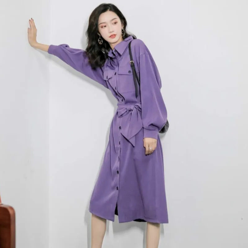 Women Clothes Spring Autumn Purple Solid Single-breasted Lace Up Elegant Casual Loose Lapel A-Line Shirt Long Dresses Vestidos