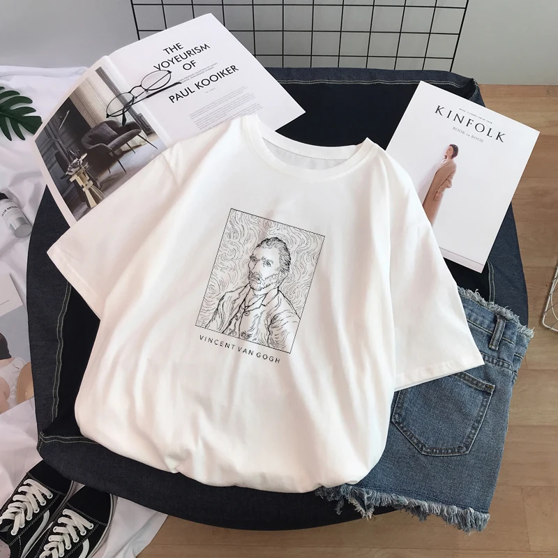 Harajuku забавная черно-белая футболка с рисунком Ван Гога и коротким рукавом, шикарная свободная повседневная женская футболка большого размера с круглым вырезом