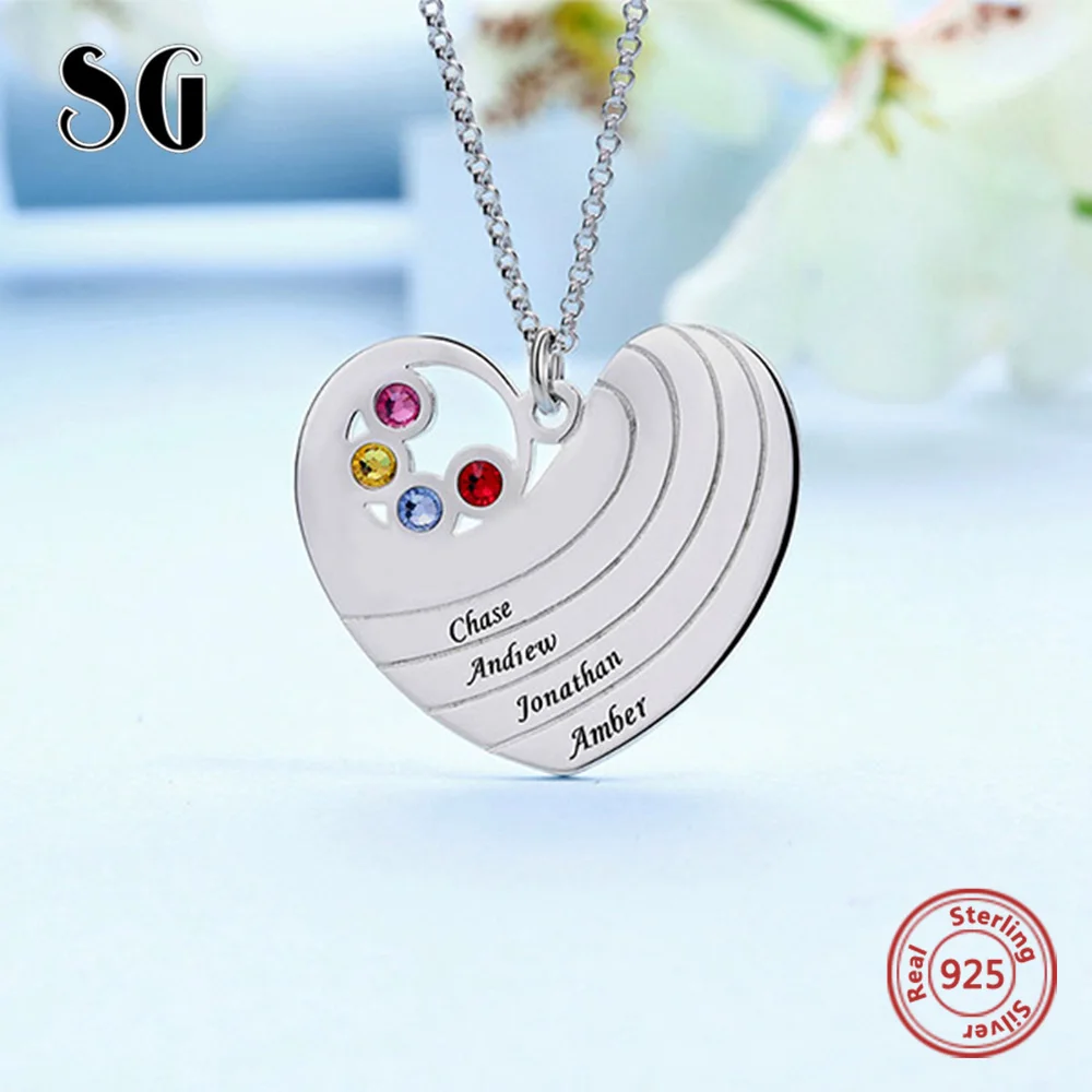 СГ персонализированное 925 серебряное ожерелье с подвеской в виде сердца для женщин с настраиваемым 1-4 именем и камнем по месяцу рождения ожерелье ювелирные изделия подарки Ne