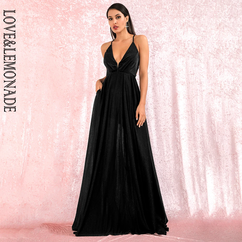 LOVE& LEMONADE черное сексуальное платье с открытой спиной и высокой талией с перекрестными лямками с глубоким v-образным вырезом длинное платье LM81936 осень/зима