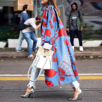

Women's Coat Woolen Round Neck Loose Printed Single-breasted Long-sleeved Loose Coat Summer 2020 Women's Clothing