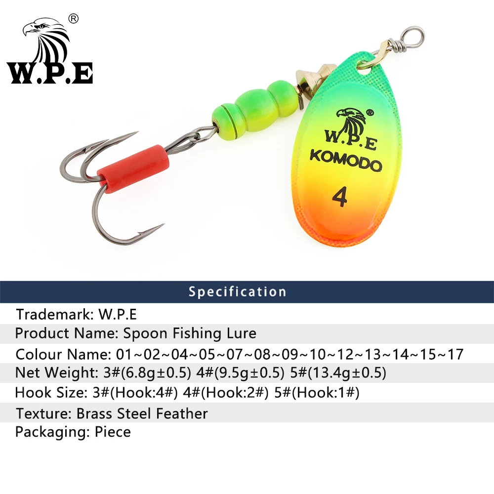 W.P.E 1pcs 스피너 낚시 미끼 3  /4  /5    6.8g/9.5g/13.4g 스푼 낚시 미끼 황동 금속 SwimBaits 베이스 파이크 낚시 미끼 Pesca
