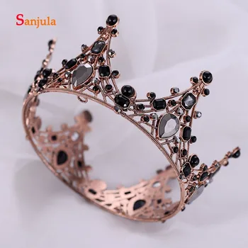 

Black Rhinestones Beaded Round Queen Crowns Baroque Style Vintage Bridal Tiaras Wedding Head Accessory T168