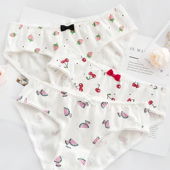 

Japanese Style Cotton Knicker Women Fresh Fruit Printed Cute Bow Vertical Stripes Low Waist Triangle GIRL Fat TIMES