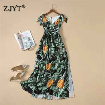 

High Quality Runway Dress 2020 Spring Summer Women Fashion V Neck Sleeveless Print Side Split Long Holiday Dress Casual Vestidos