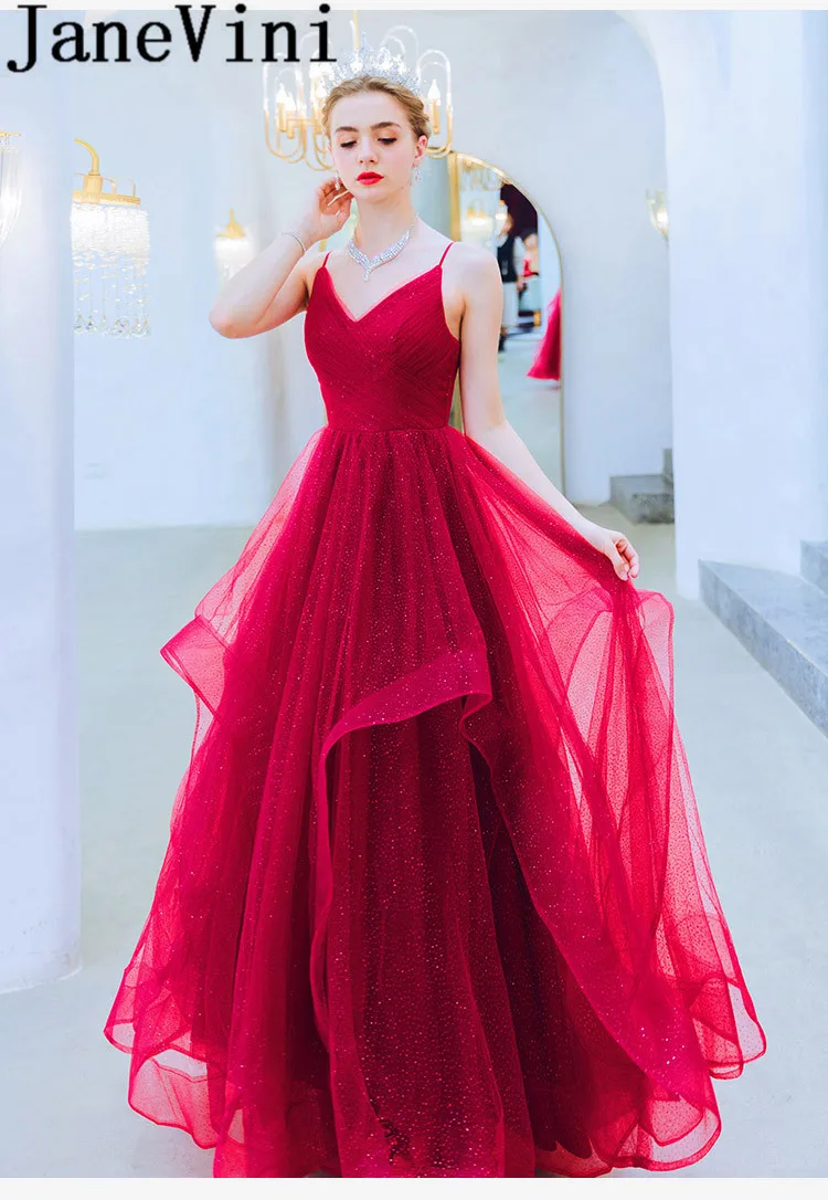 JaneVini Blingbling блестящие Выпускные платья Burgundy длинные Тюль v-образным вырезом линии женские платья для торжественных событий выпускного вечера