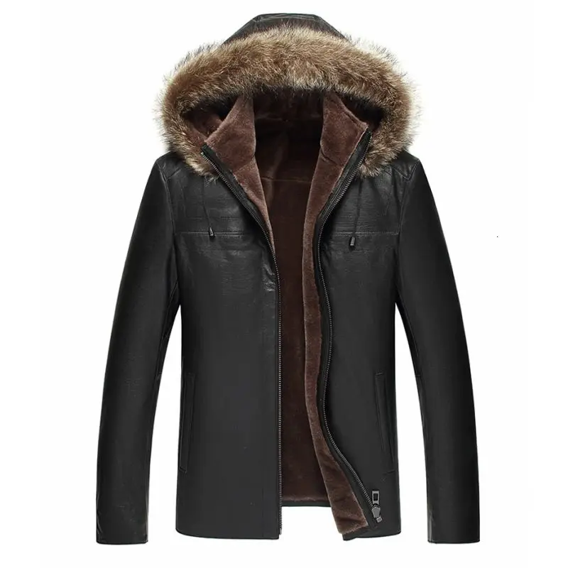 Slim Fit новые модные мужские пальто на молнии из натуральной кожи Повседневная Овчина Толстая теплая верхняя одежда с капюшоном короткий длинный рукав черный коричневый