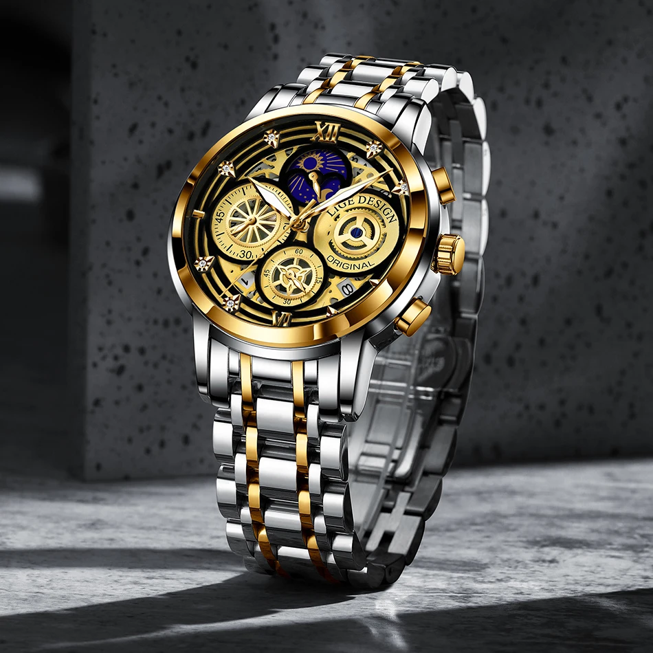 2021 New LIGE Sport Men Watch Top Brand Luxury Gold Stainless Steel Quartz Wrsit Watch Men Fashion Hollow Waterproof Chronograph