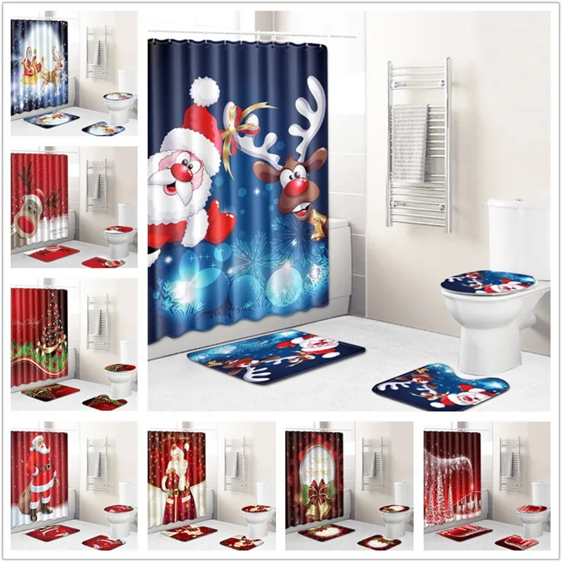 Merry Christmas Elk Santa Father Bathroom Waterproof Shower Curtain Set
Pedestal Rug Lid Carpet Toilet Cover Bath Mat Set