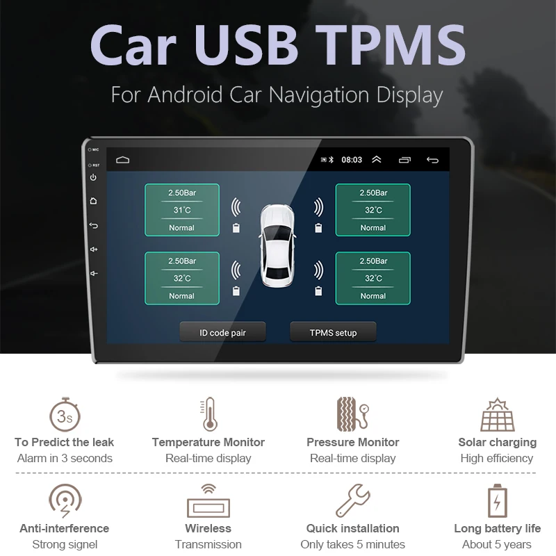 Develuck USB ȵ̵  TPMS Ÿ̾ з ͸ ý ڵ  ׺̼ 4 Ÿ̾ ܺ   ˶