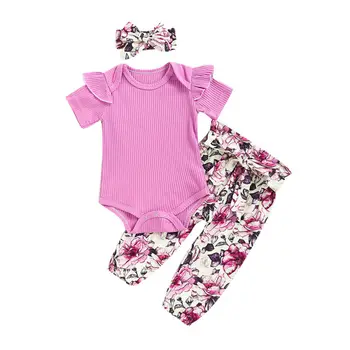 

2020 Newborn Baby Girl Clothing Romper Tops Jumpsuit Floral Pants Headband Outfit Baby Clothes Set