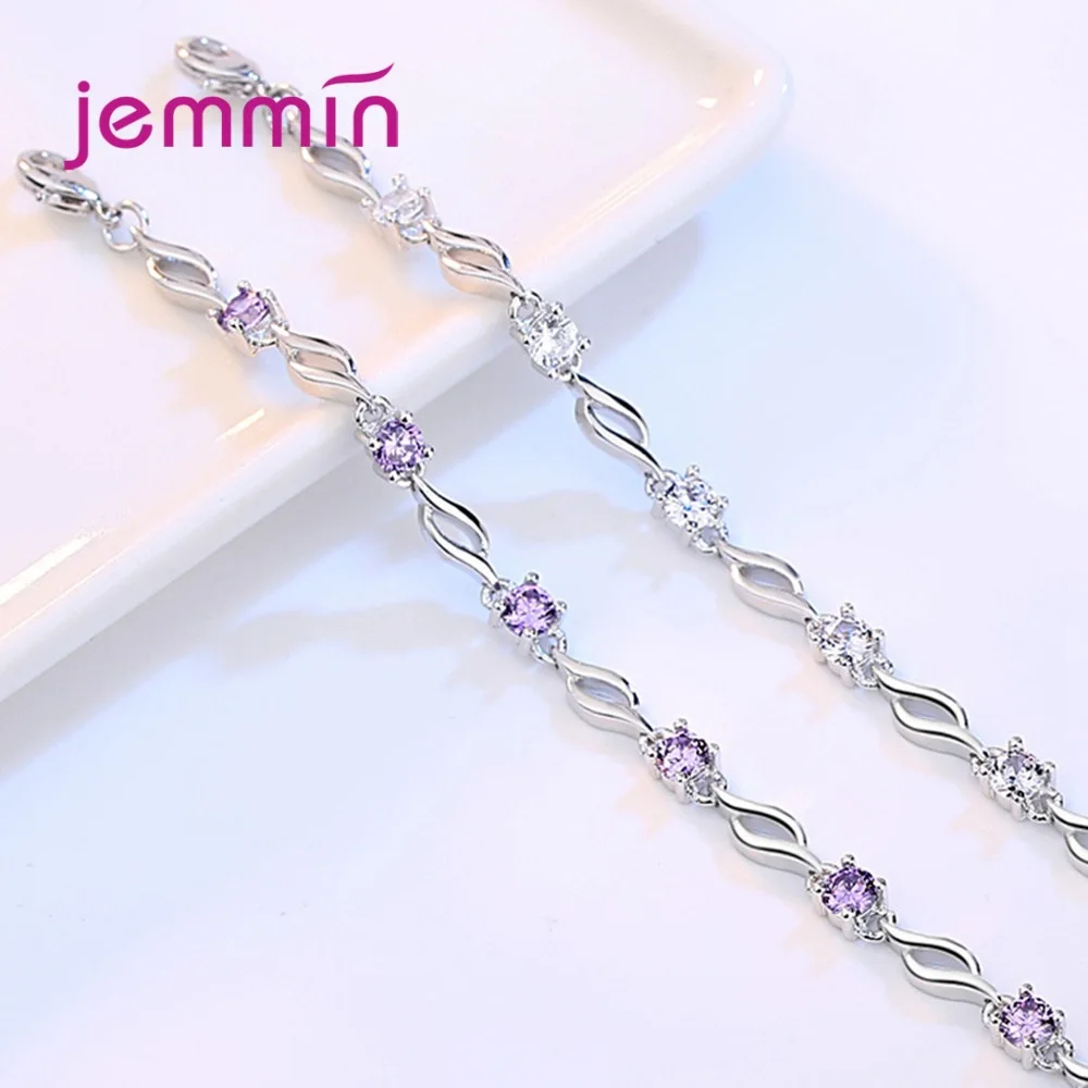 Simple AAA Zircon Stone Paved Link Chain Bracelet 925 Sterling Silver Clear and Purple Crystal Casual Daily Jewelry for Ladies