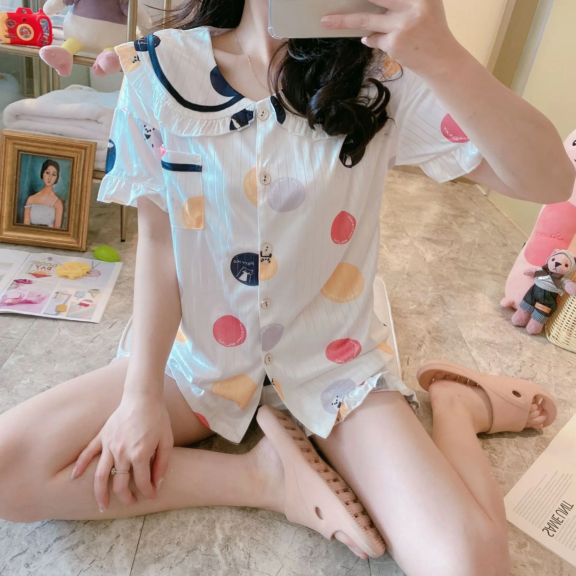 

Wechat Business huo bao kuan Princess Style Sweet Cardigan Short Sleeve Fold-down Collar Pajamas Tracksuit Piece Zh-Color Dotted