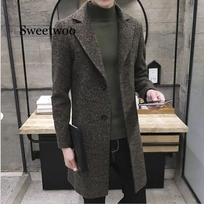 Men's Spring Autumn Thick Wool Trench fashion warm Coat Men Long Casual Coats Lapel Collar Overcoat  5XL