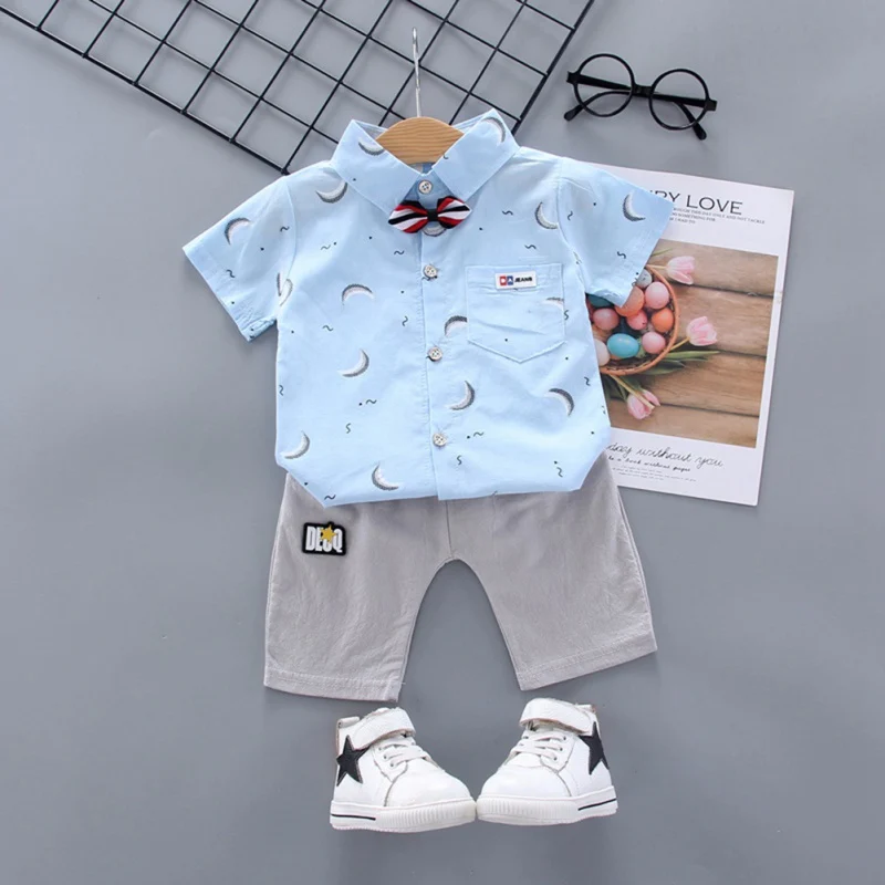 New Gentleman Children Baby Boys Short Sleeve Crescent Print Bow Tie Shirt + Shorts Casual Outfits Set Hot |