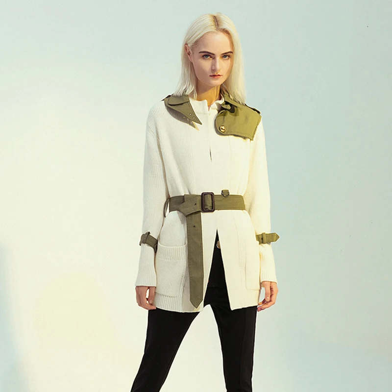 TWOTWINSTYLE, Лоскутная, хит, цветная куртка для женщин, воротник с лацканами, длинный рукав, высокая талия, с поясом, вязаные куртки, Женская мода