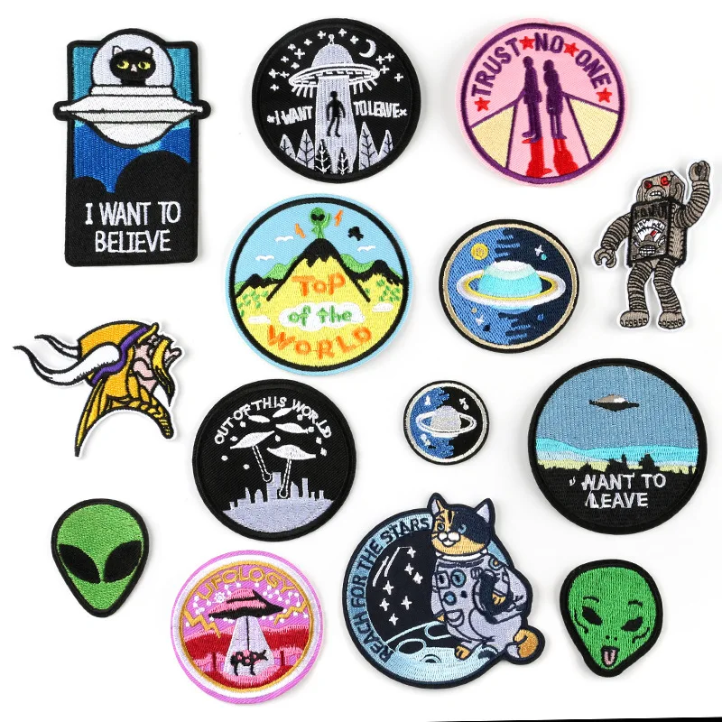

Alien UFO Patches Clothing Applications Embroidered Stripes Badges Iron on Appliques Spaceship Stickers for Clothes @G