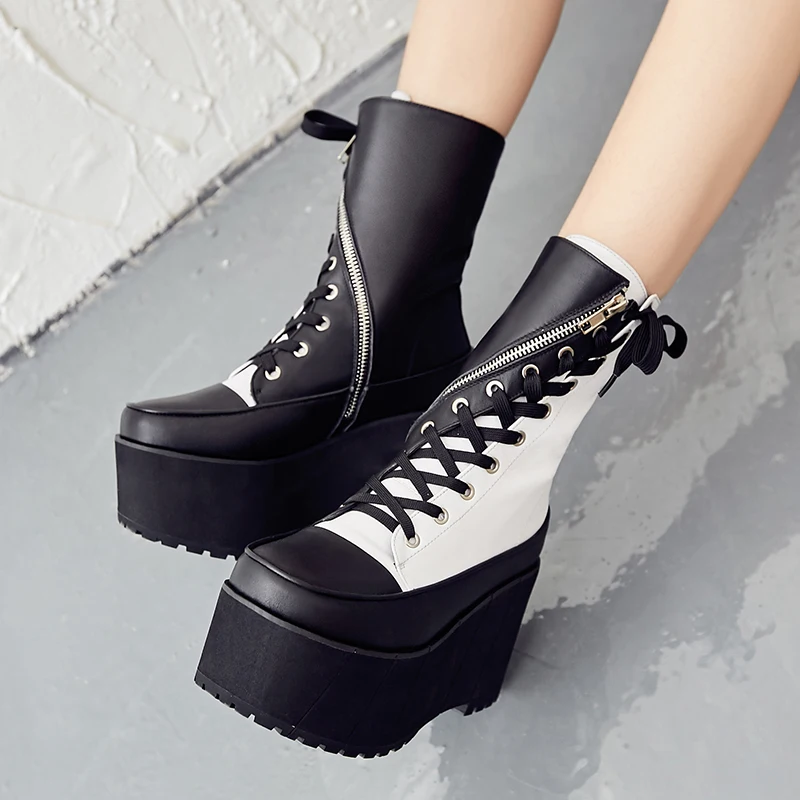 

round toe autumn winter women's shoes muffin thick bottom wedge lace-up Color matching super high heel 9CM fashion ins style