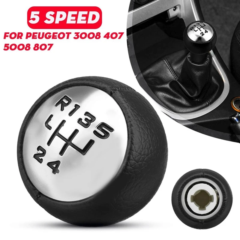 5 Speed Pu Leather Gear Shift Knob Head Handball For Peugeot 307 308