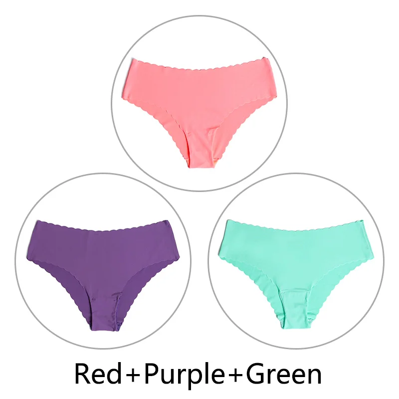 3 шт./партия, кружевные бесшовные трусики, шелковые однотонные сексуальные трусы, женское нижнее белье, ультра-тонкое нижнее белье с низкой посадкой, XS-L, американский размер - Цвет: Red Purple Green