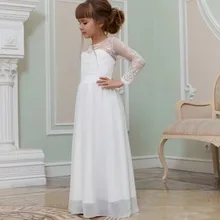 A-Line Simple Girl Dress For Party Wedding 2021 Lace Appliques O-Neck Floor-Length Chiffon Full Sleeve Design Elegant Hot Sale