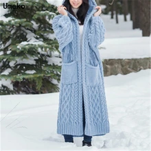 Umeko Женский вязаный кардиган, зимний толстый теплый длинный кардиган с капюшоном, Женский винтажный свитер с длинным рукавом, верхняя одежда размера плюс, пальто