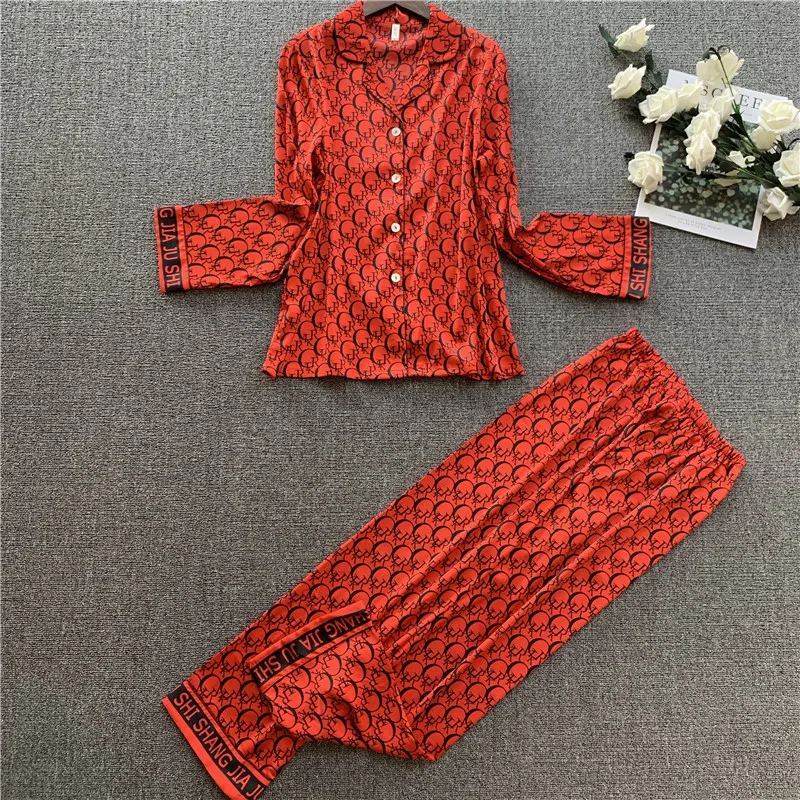 

2020 Ladies Silk Poly Pajamas Sets Women Long Sleeve Trousers Two-piece Set Sleepwear Lounge Sets Pijama Mujer Female Nightsuits