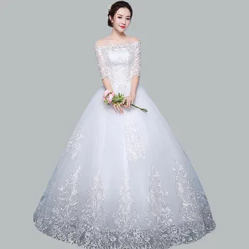 

Lace Up Wedding Dress CR698 Embroidery Long Wedding Gowns Off The Shoulder Bridal Dresses Half Sleeve Elegant Vestidos De Novia