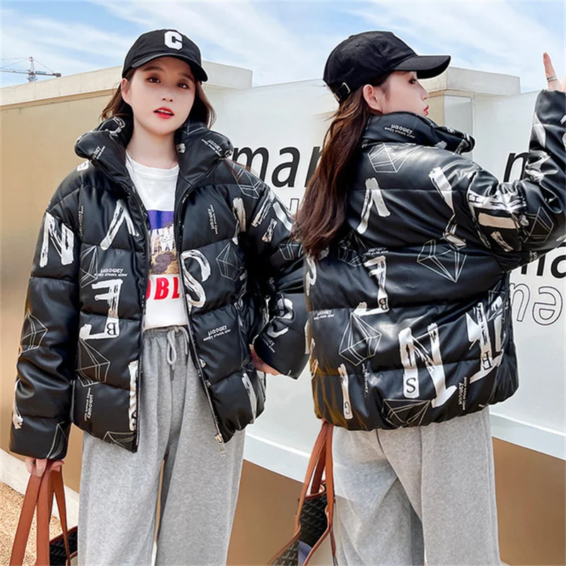 

Зимние плотные теплые короткие парки, женские модные мягкие пальто из овечьей кожи с буквенным принтом, Пуховики с воротником-стойкой для женщин