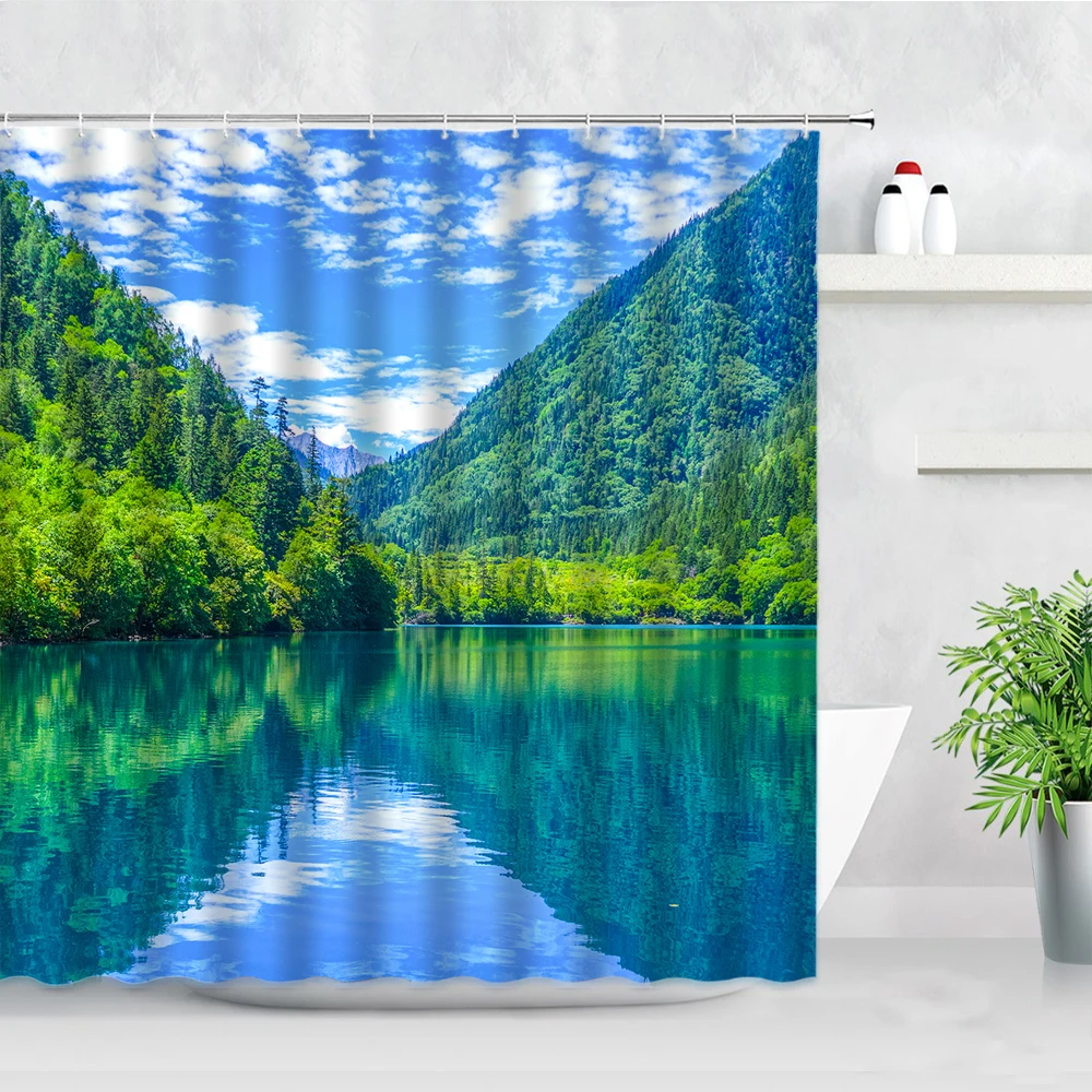 Mountain Water Forest Landscape Shower Curtains Green Plants Natural
