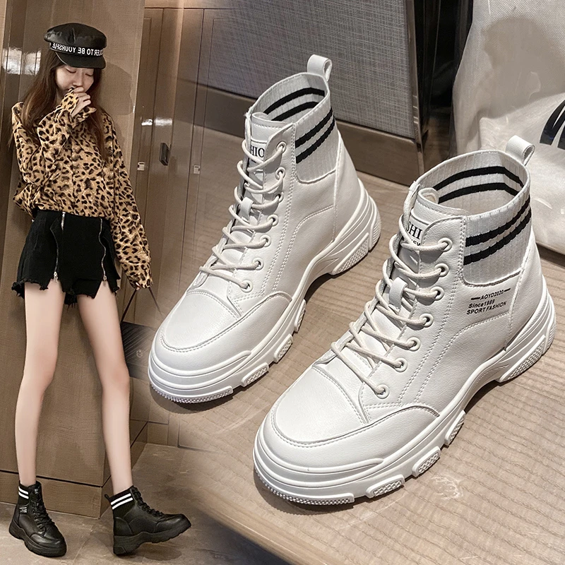 Brand Women Platform Motorcycle Boots White Ankle Boots 2021 Autumn High Quality  High Top Fashion Martins Leather Female Boots