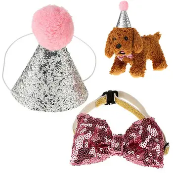 

2Pcs/set Pet Dogs Caps With Bowknot Cat Dog Birthday Costume Sequin Design Headwear Cap Hat Party Pets Accessories
