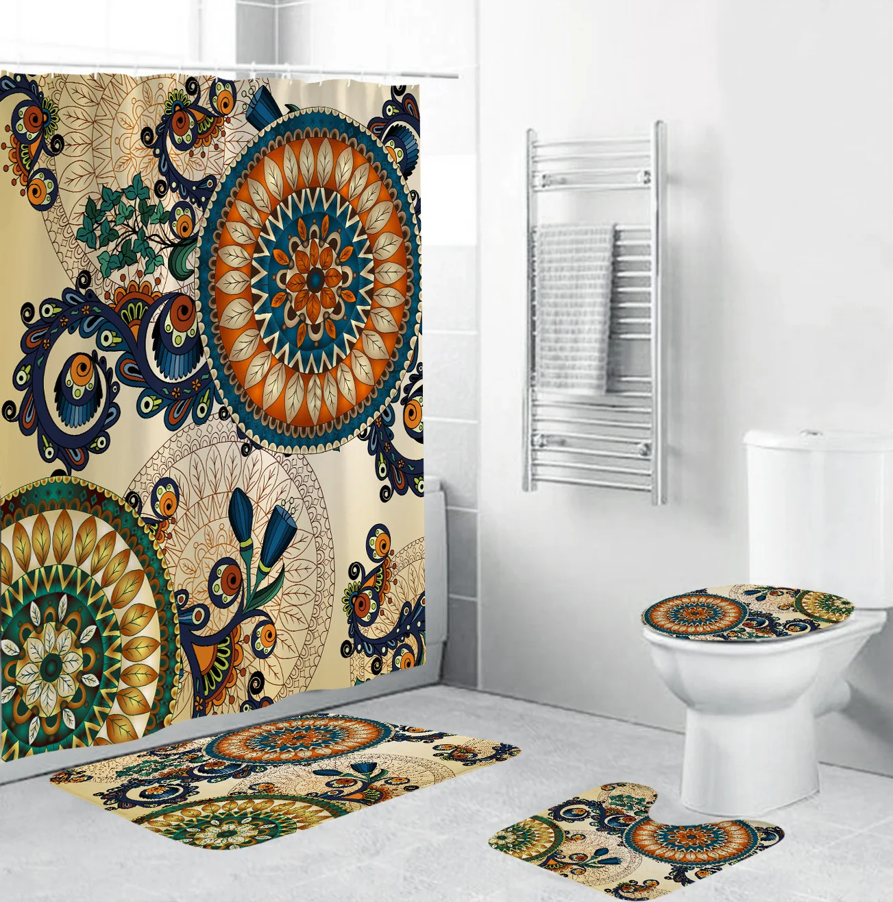 2020 Hot Waterproof Bohemian Printed Pattern Shower Curtain Bath Set