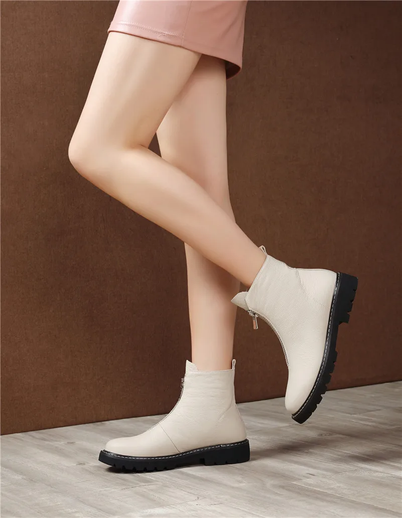 Meotina Winter Ankle Boots Women Natural Genuine Leather Thick Heel Short Boots Zipper Round Toe Shoes Ladies Autumn Size 34-39