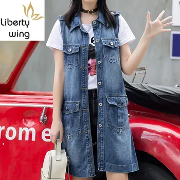 

Spring Womens Denim Vest Vintage Single Breasted Back Split Long Waistcoat Leisure Slim Pocket Sleeveless Jacket Female M-XL